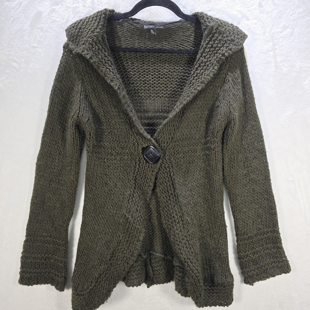 Elegant Made In Italy Berretti Olive Knit Cardigan Size Medium
